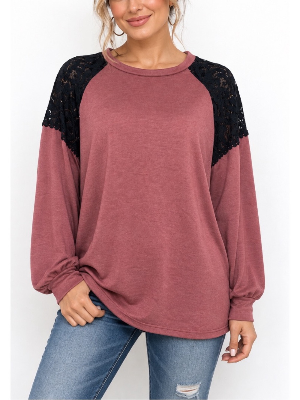 Vanilla Bay Dusty rose long-sleeve top with a relaxed, flowy fit and lace panels